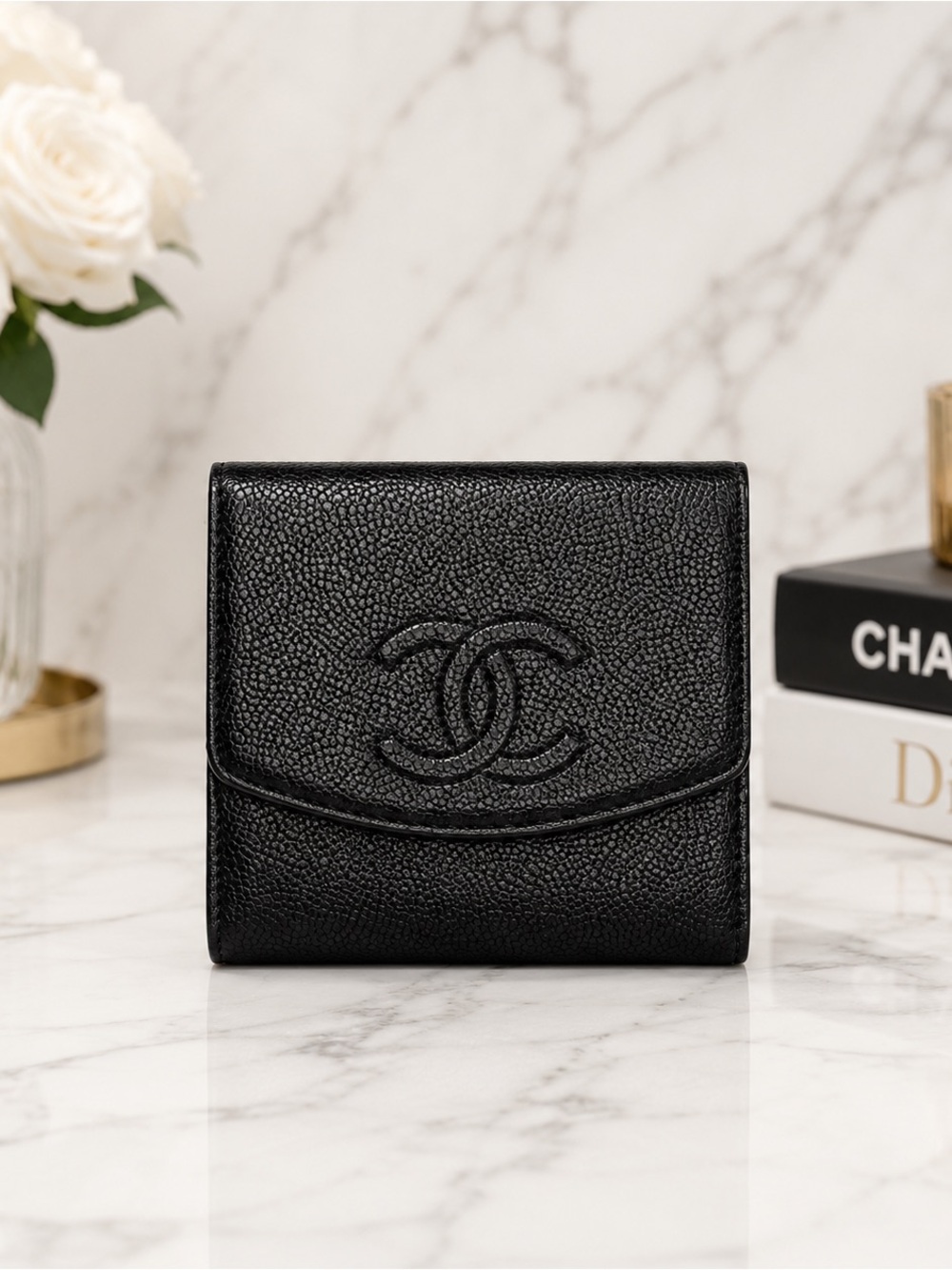 CHANEL Cambon Ligne Black Caviar Leather Snap Bifold Wallet With Dust Bag